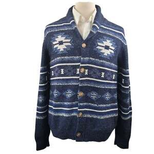 NWT Lucky Brand Men’s L Blue Southwestern Shawl Collar Cardigan Aztec